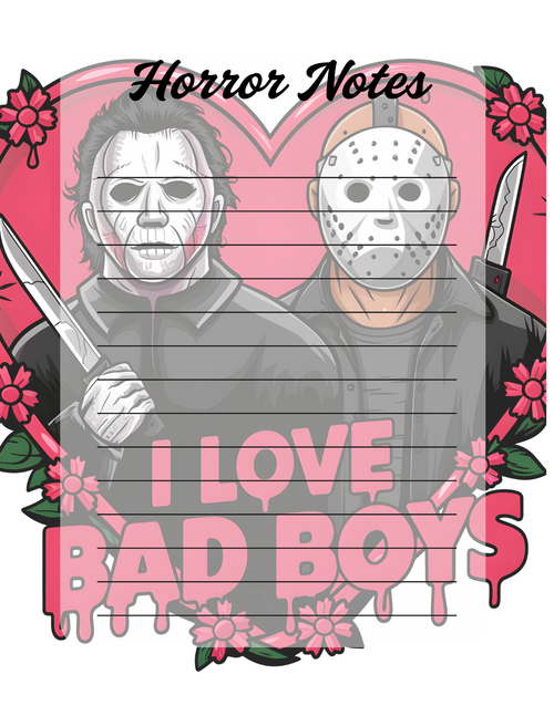 Notebook cover with horror-themed design featuring two characters, knives, and text on a pink background.
