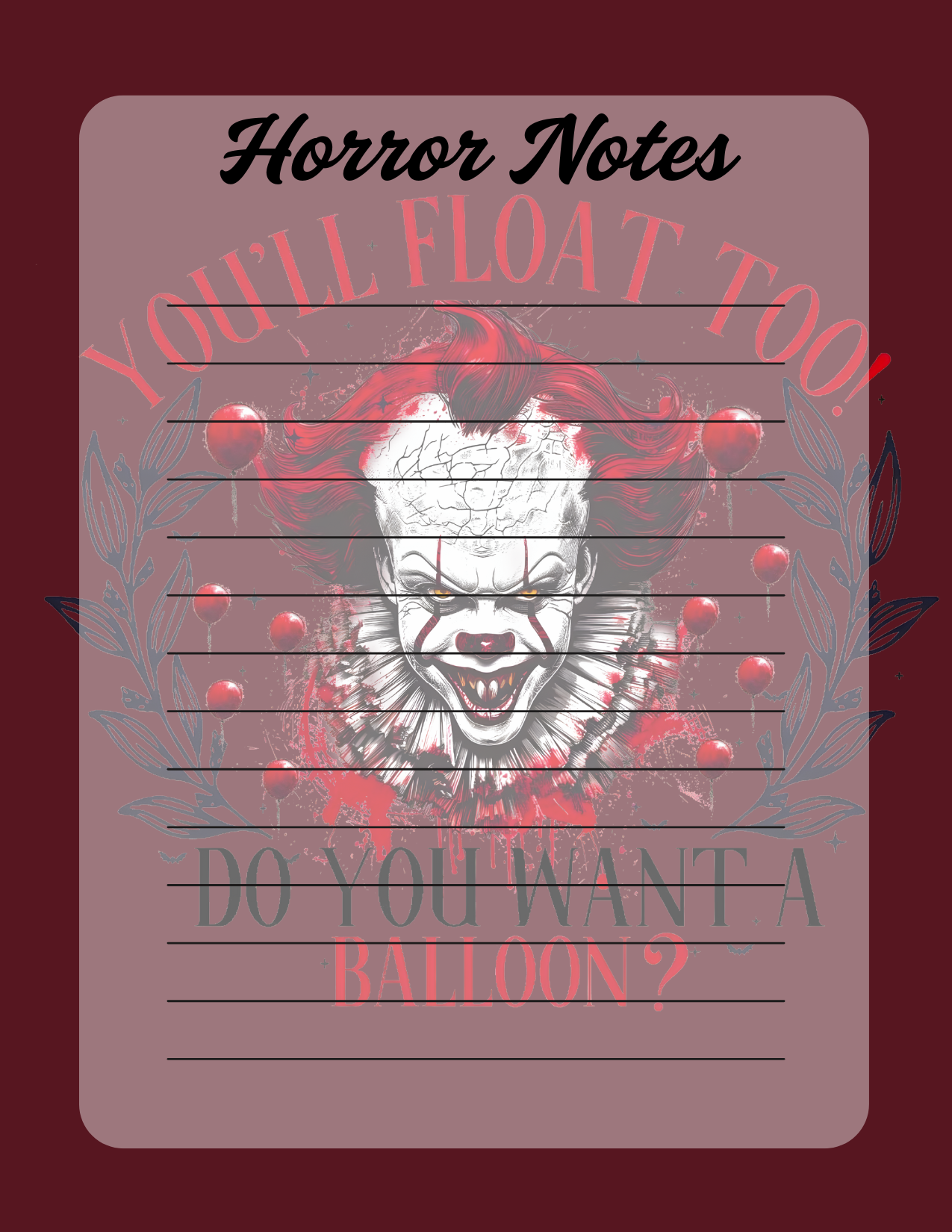Notebook cover with a horror-themed design featuring a clown and text on a dark background