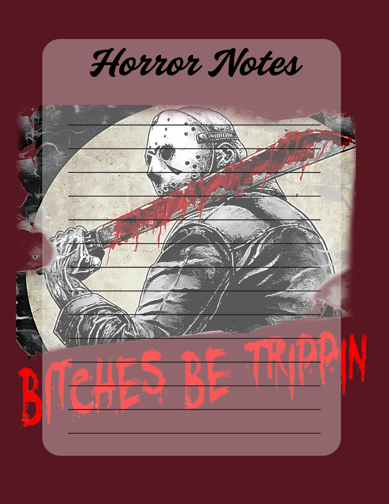 Notebook cover with horror-themed design featuring a masked character and text on a red background