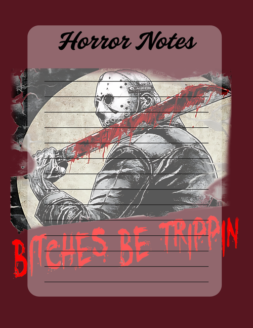 Notebook cover with horror-themed design featuring a masked character and text on a red background