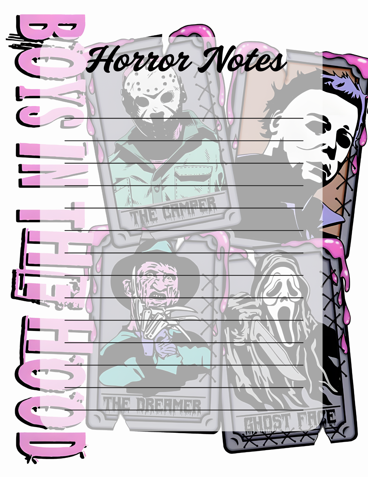 Notebook with horror-themed illustrations and text on a white background