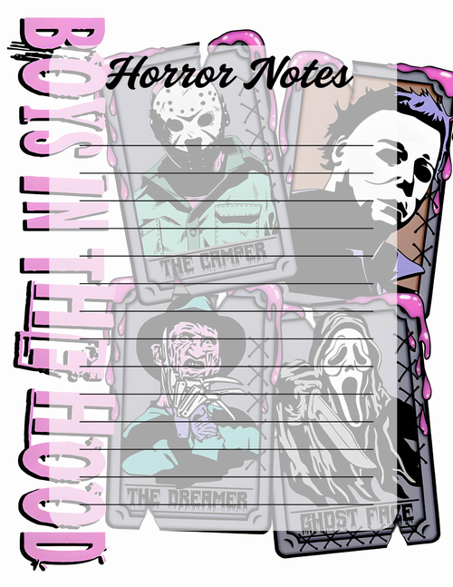 Notebook with horror-themed illustrations and text on a white background