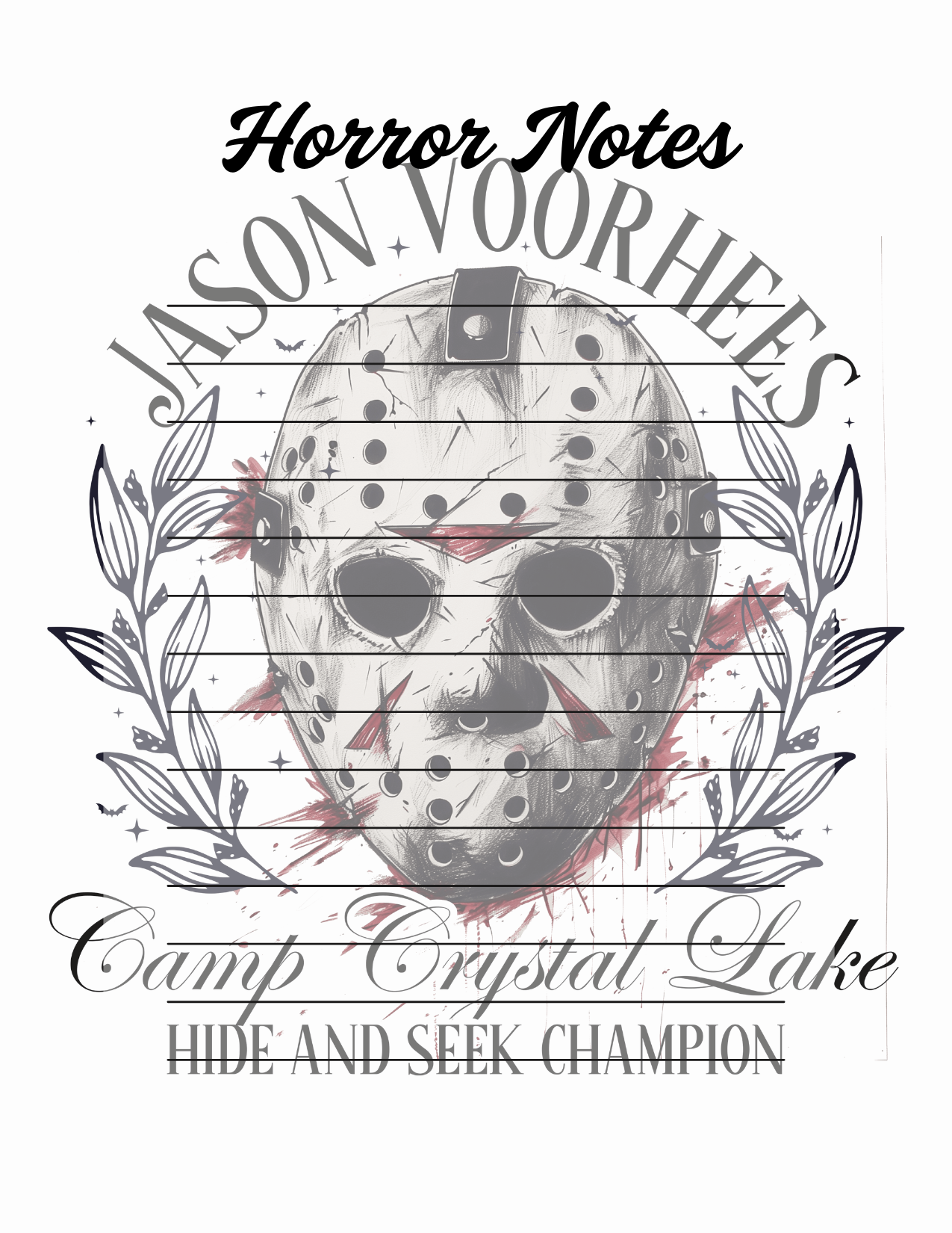 Notebook cover with Jason Voorhees mask design and text on a white background