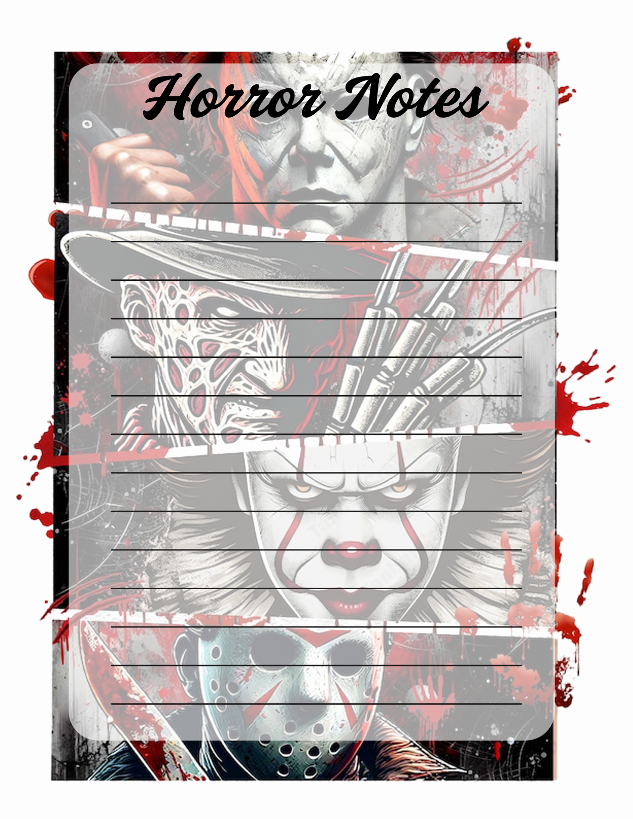 Notebook cover with horror-themed illustrations and 'Horror Notes' text