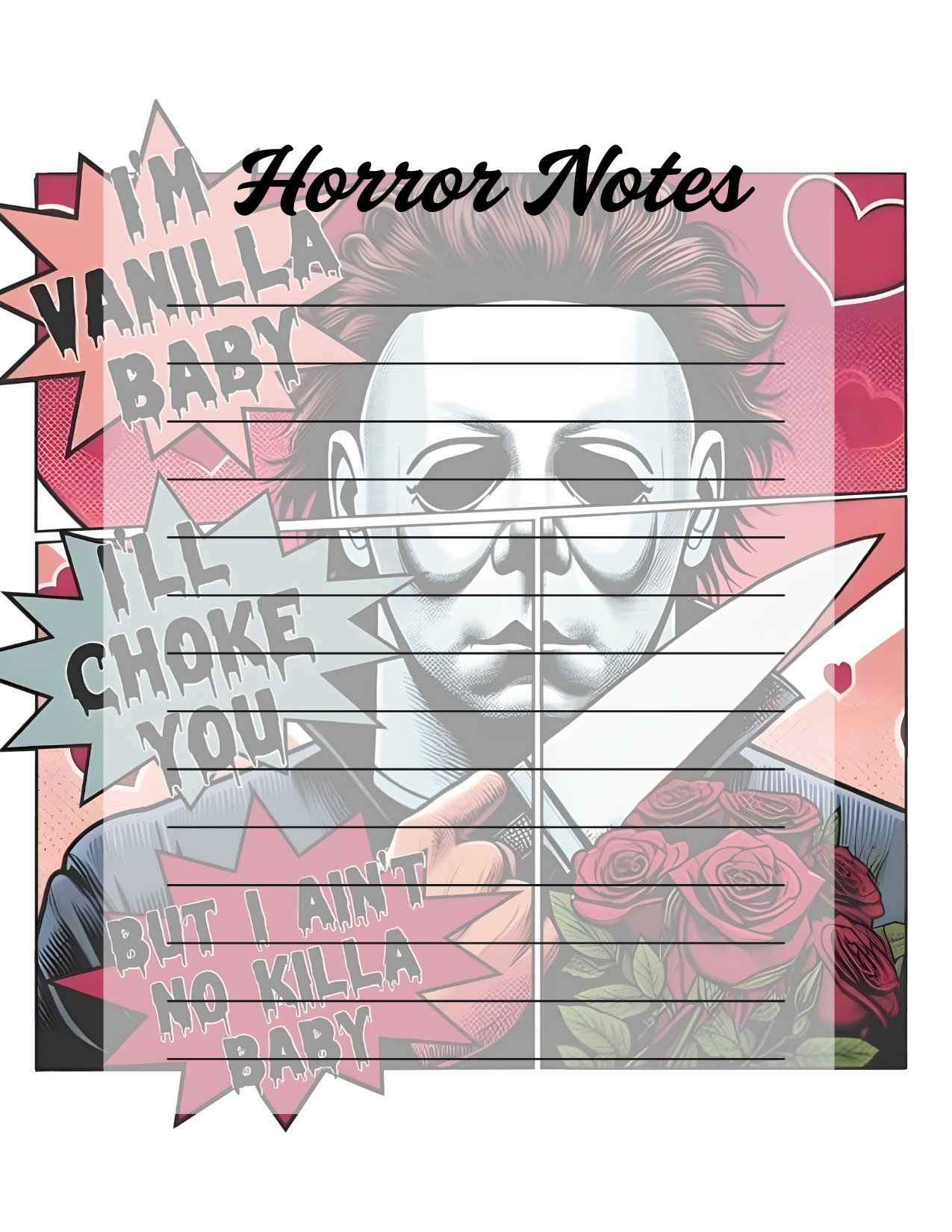Notebook cover with horror-themed design featuring a masked character and text.