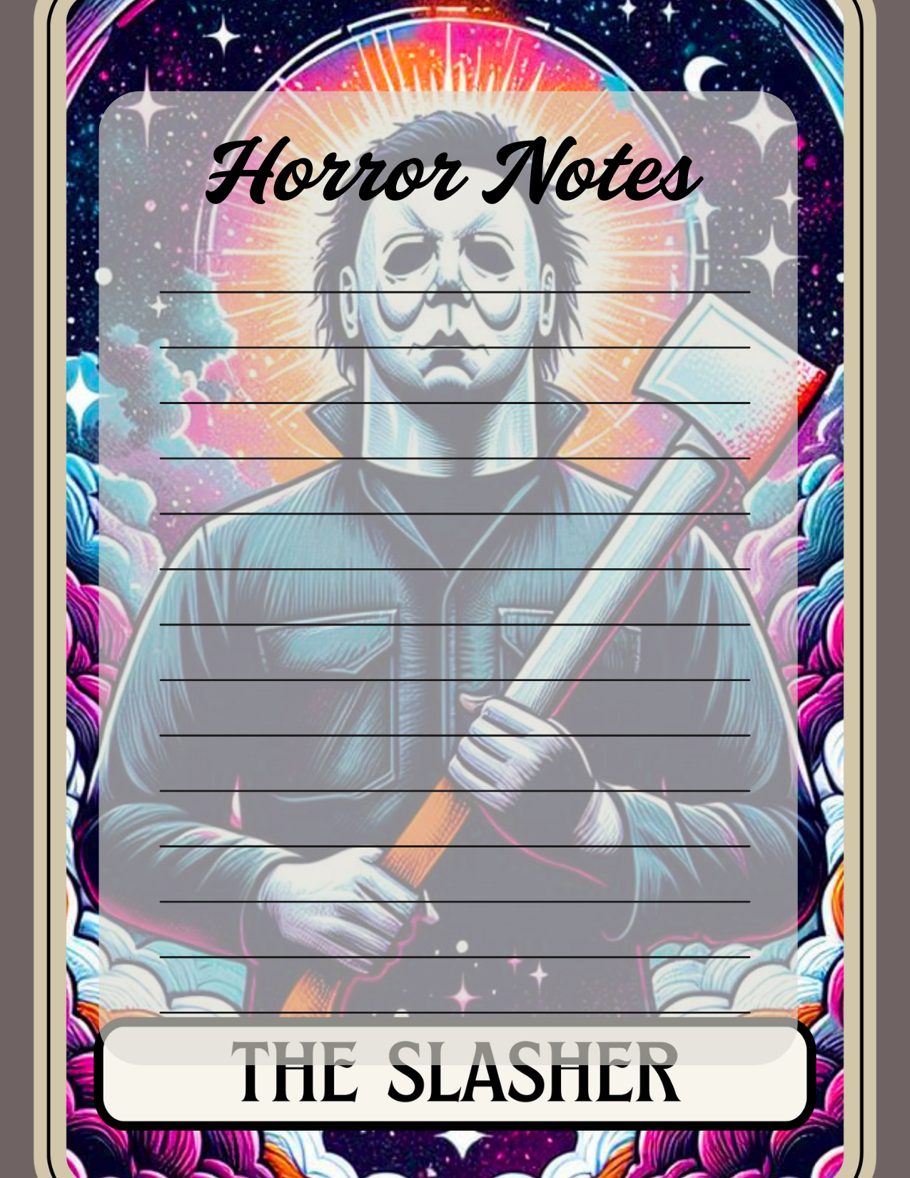 Notebook cover with a character holding an axe and colorful border, titled 'Horror Notes: The Slasher'.