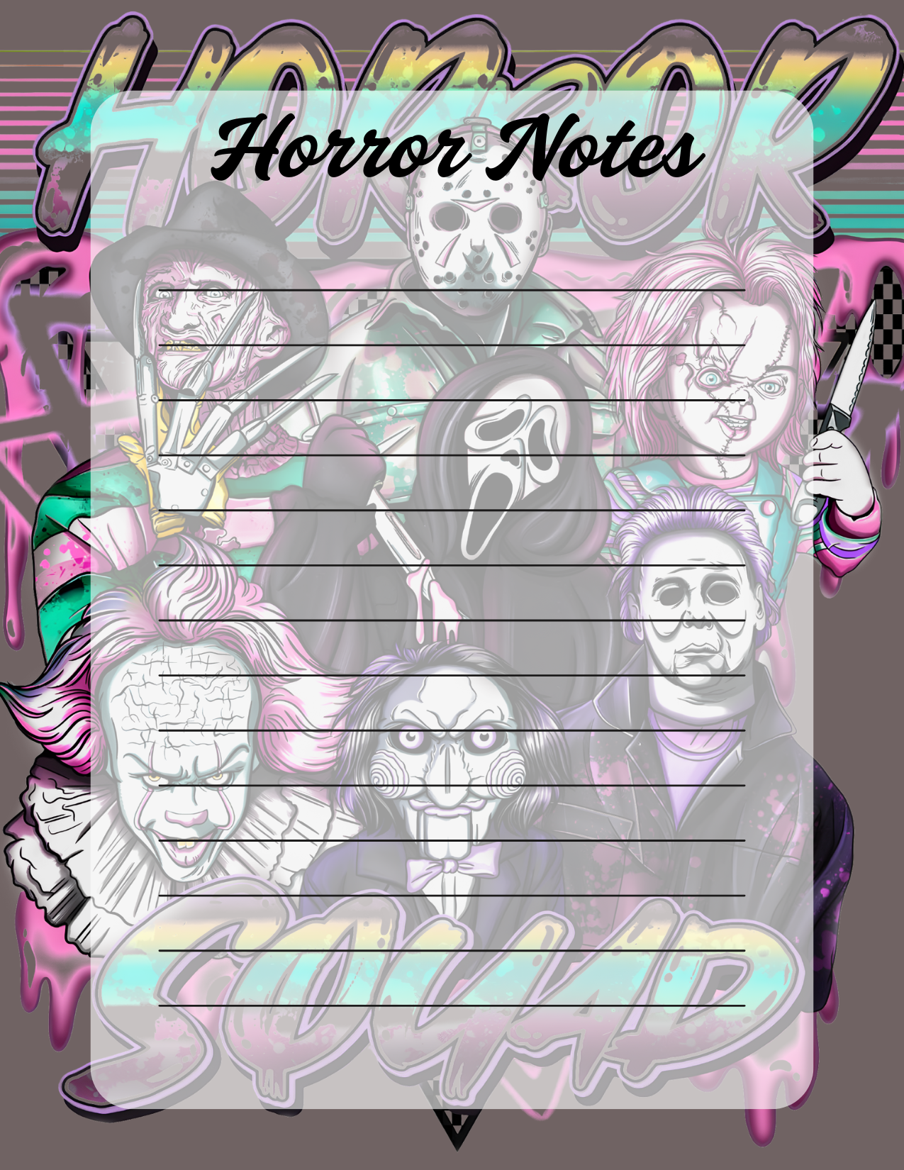 Notebook cover with horror-themed illustrations and 'Horror Notes' text on a colorful background