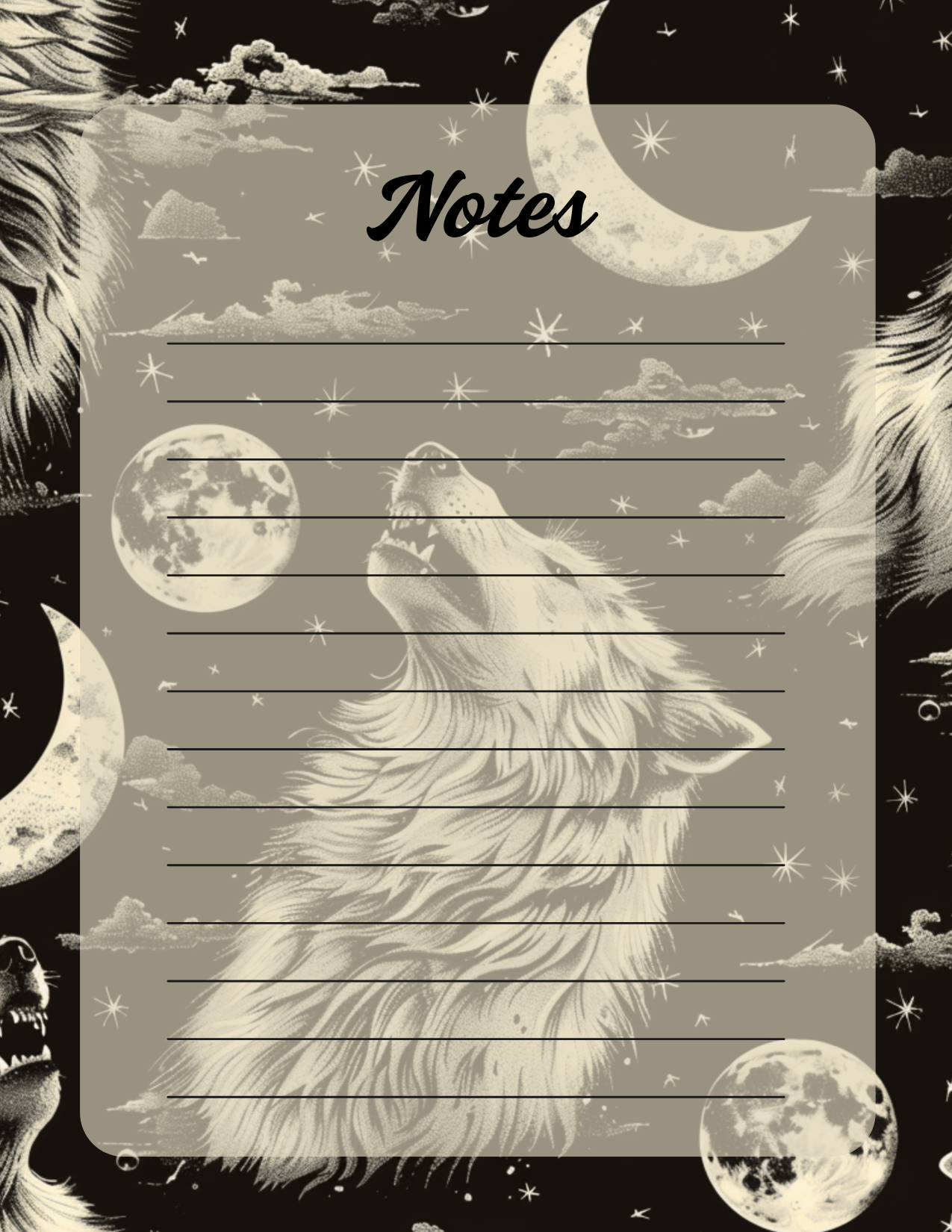 Notebook with a wolf howling at the moon design on a dark background