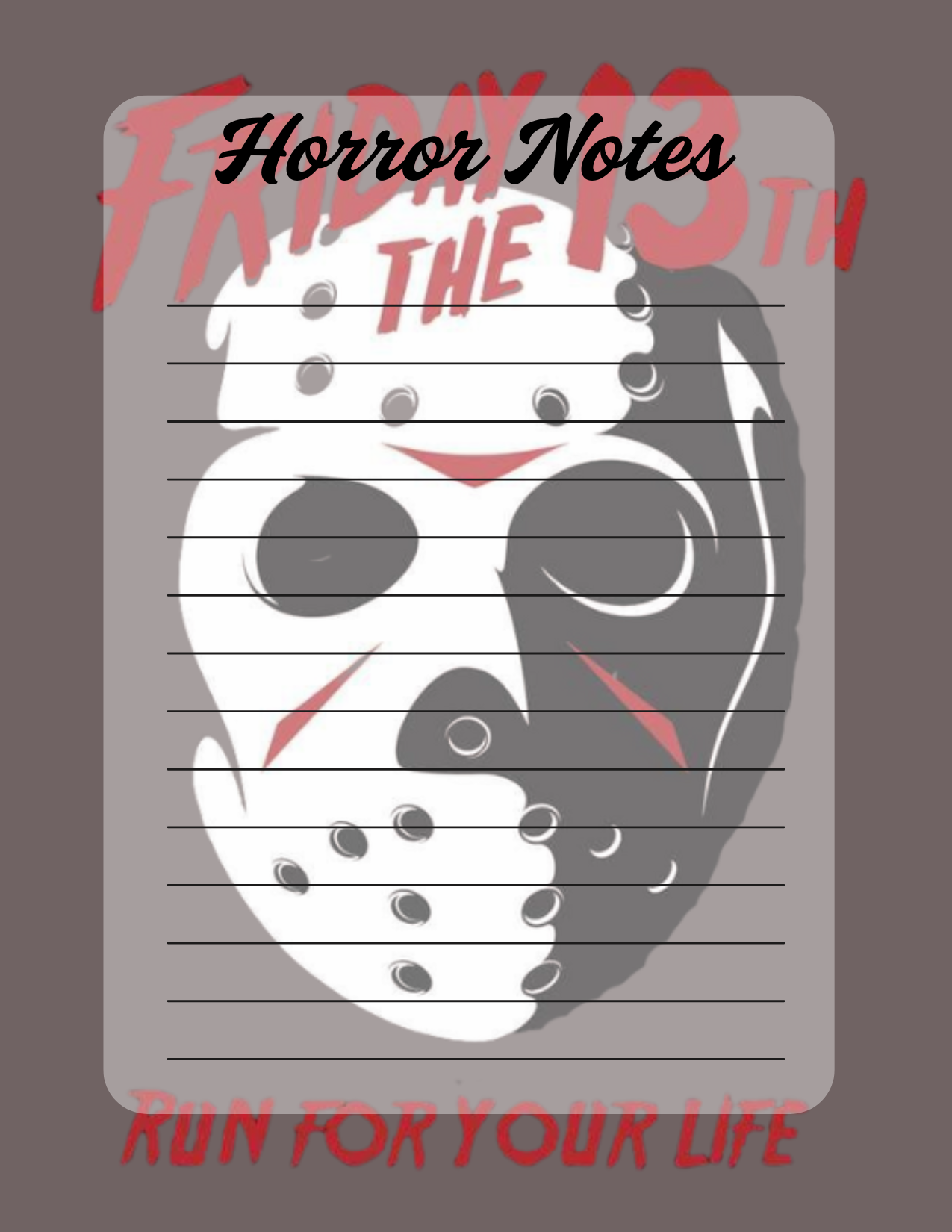 Notebook cover with a hockey mask design and 'Horror Notes' text on a gray background