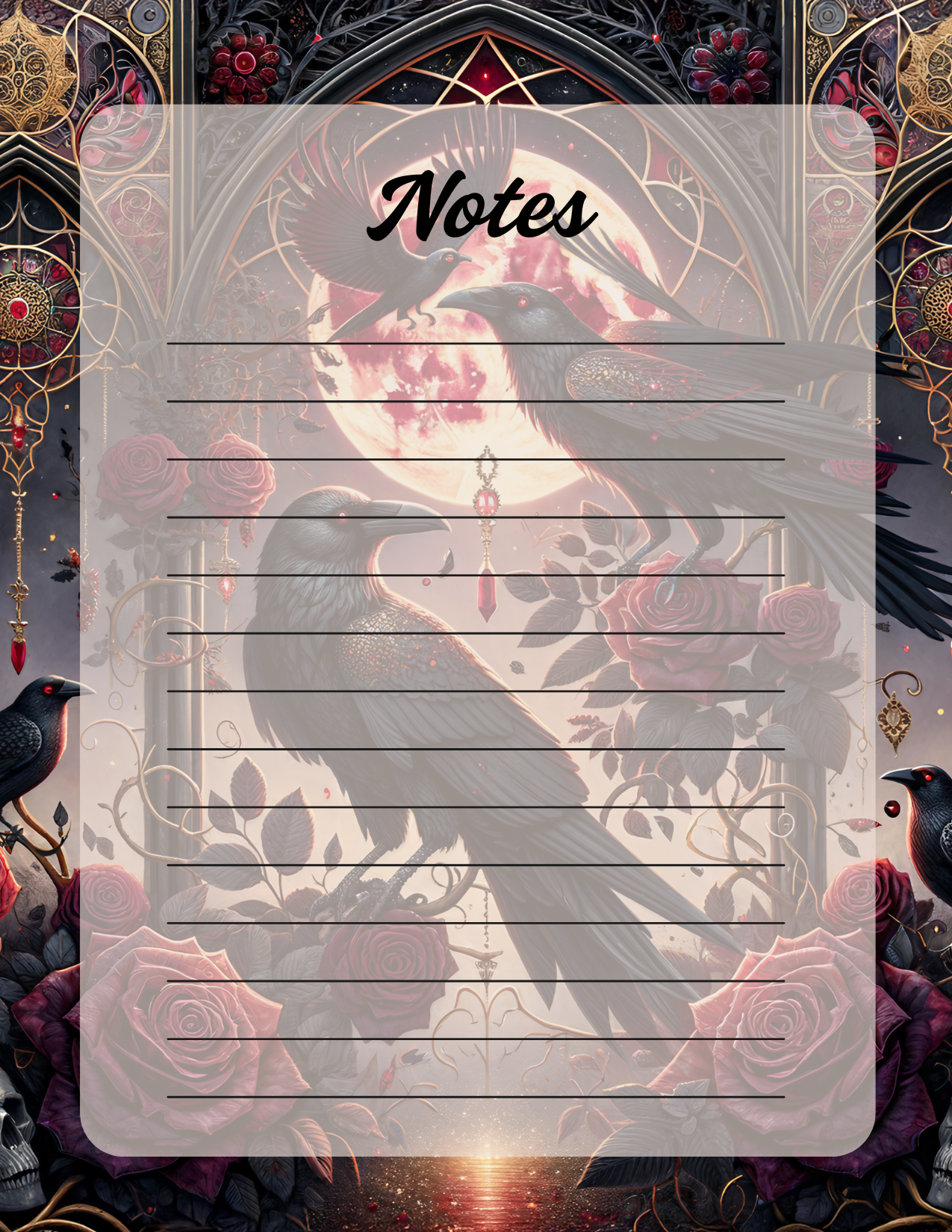 Notebook cover with crows, roses, and decorative elements on a dark background