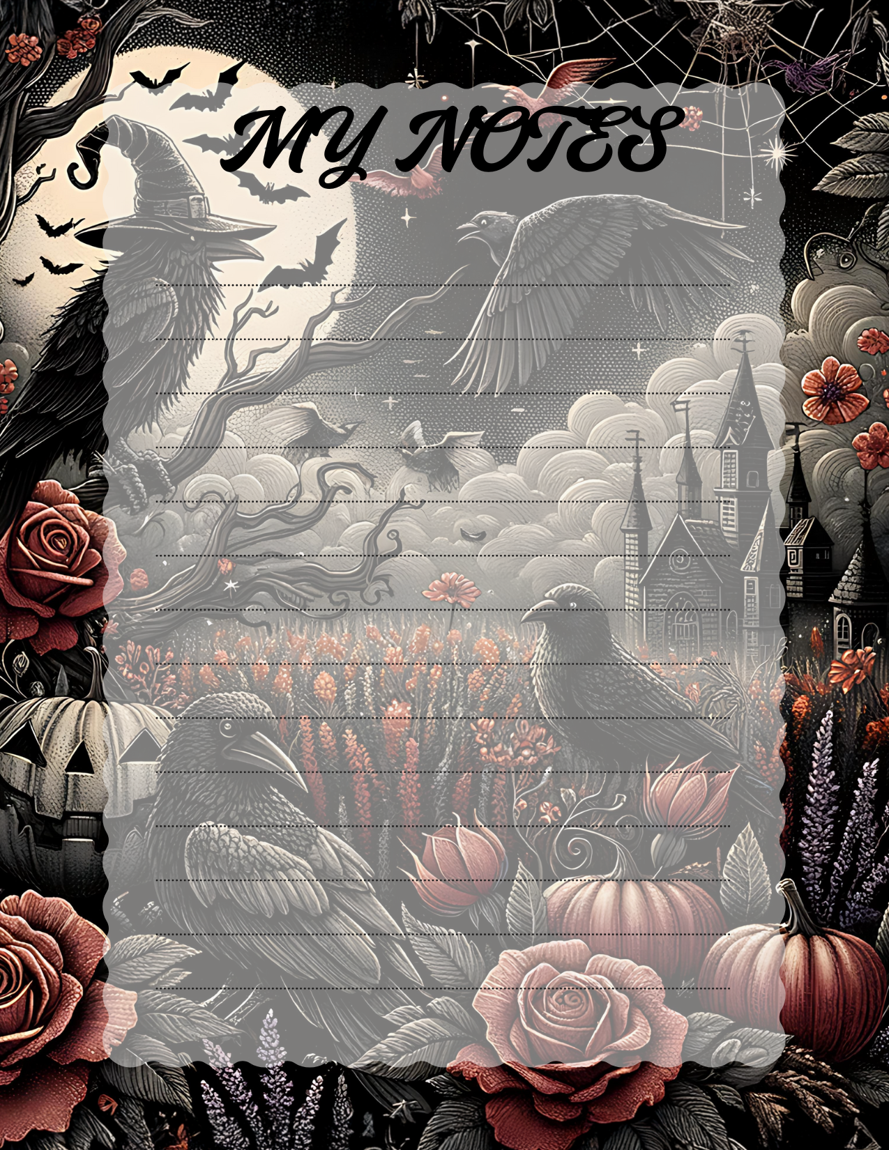 Notebook cover with Halloween-themed design featuring pumpkins, roses, and crows.