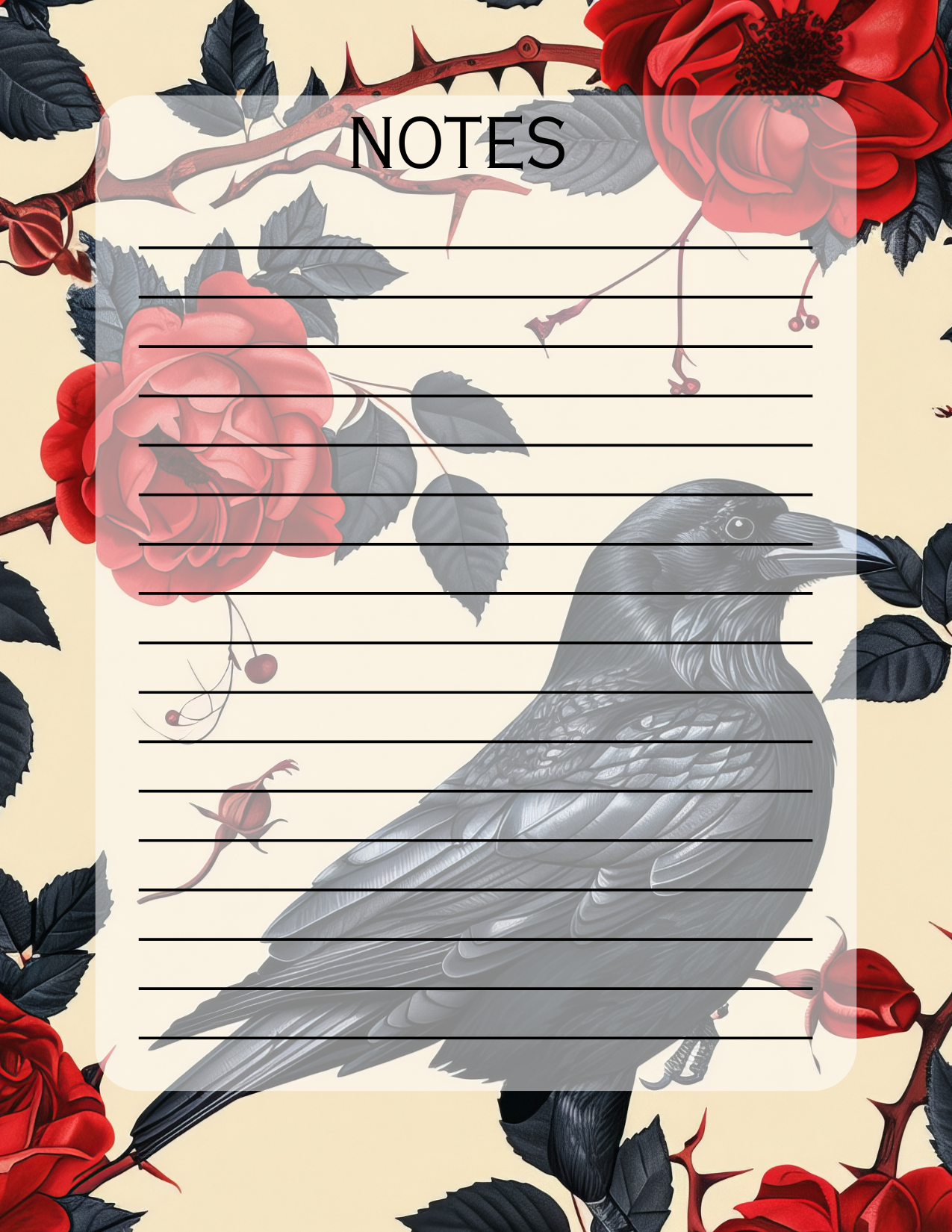 Notebook with lined pages, a bird illustration, and floral design on a beige background.