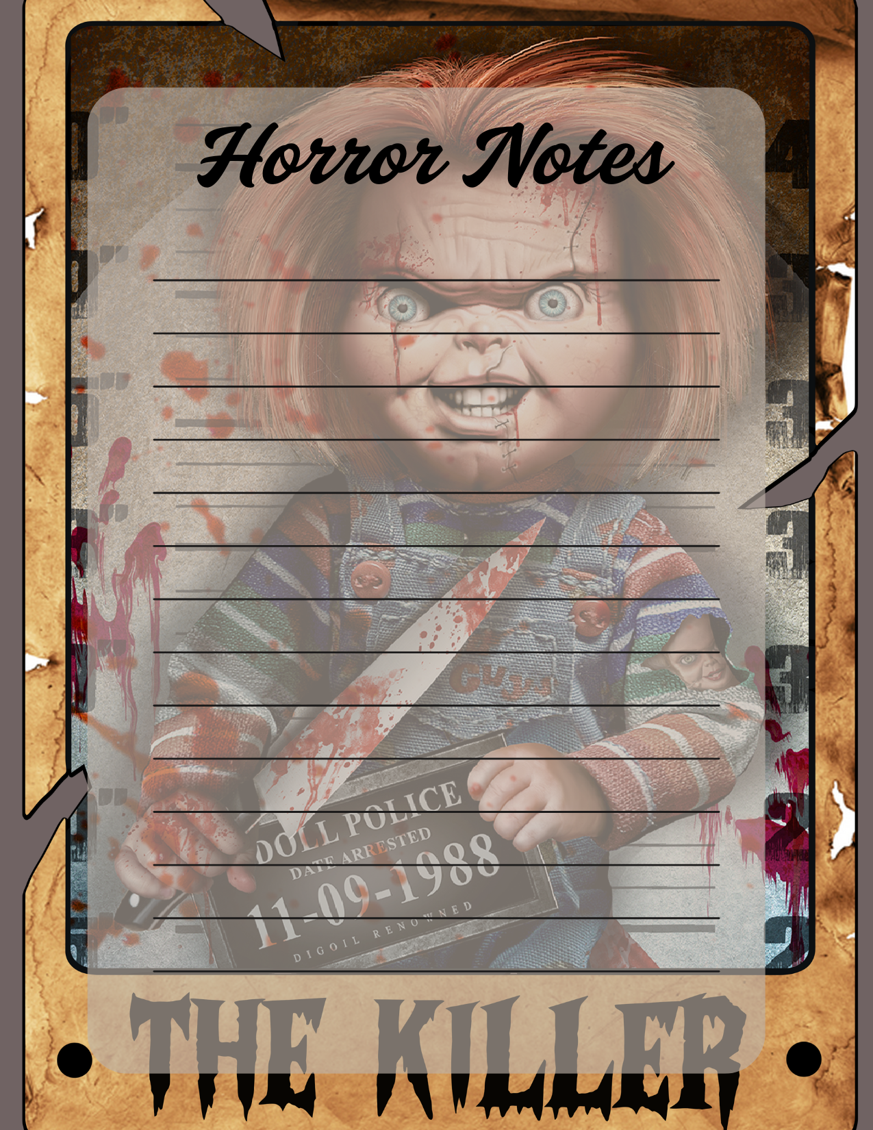 Notebook cover with a horror-themed design featuring a doll and text.