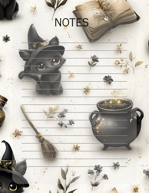 Black cat on notepad with cauldron