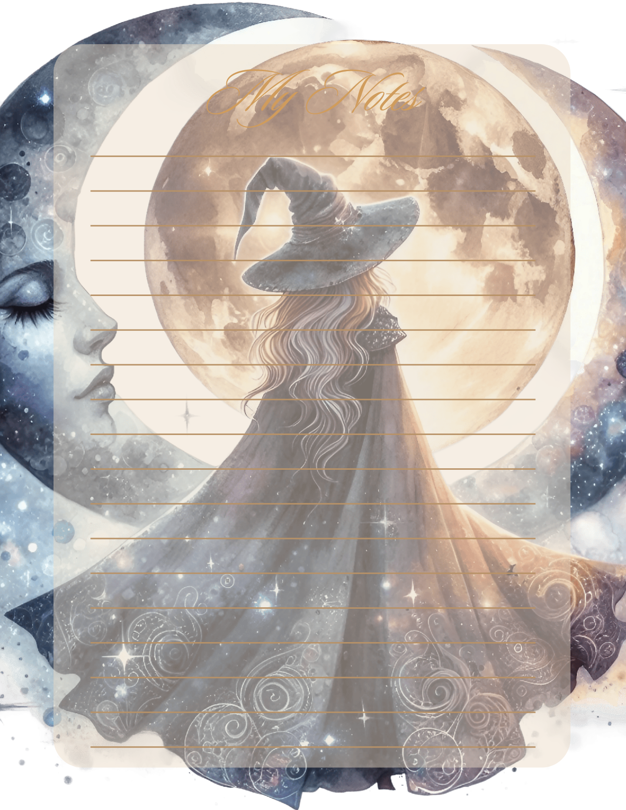 Silhouette of a witch with a full moon and celestial elements