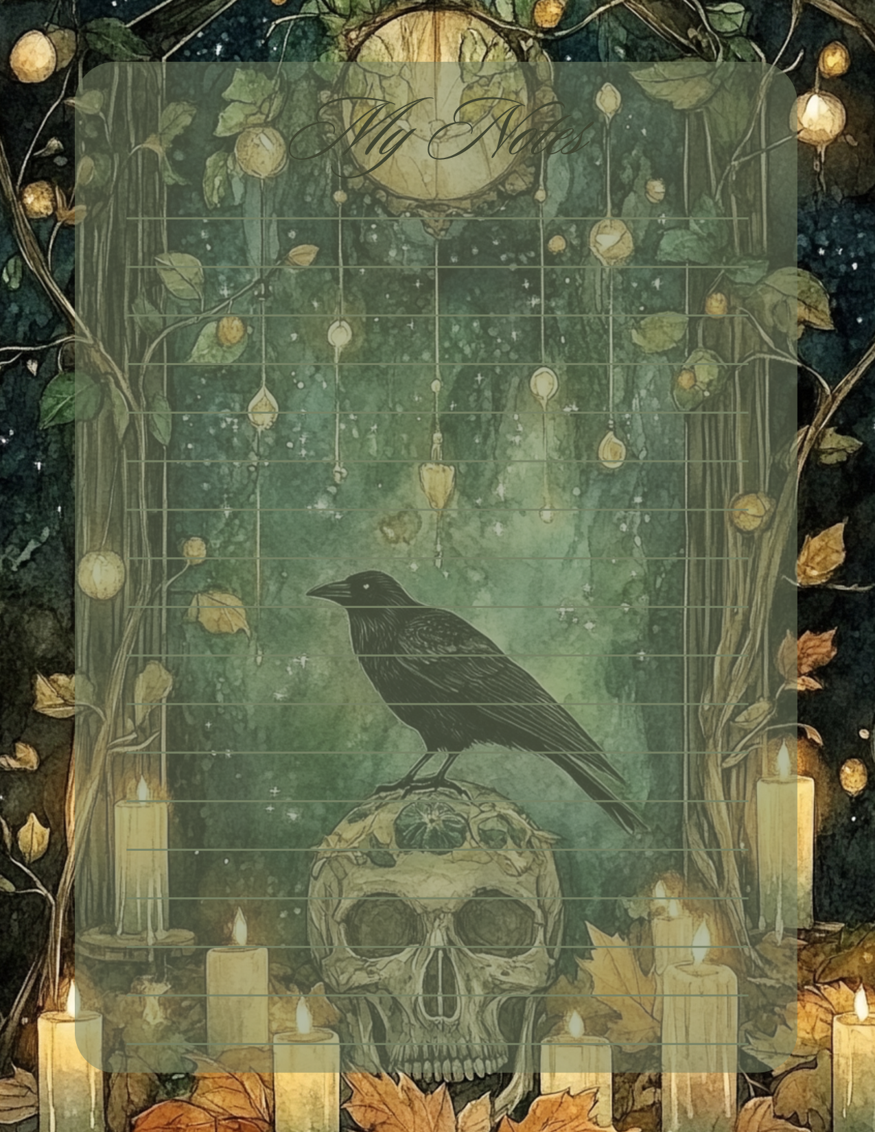Dark, mystical scene with a skull, crow, and candles against a starry night sky.