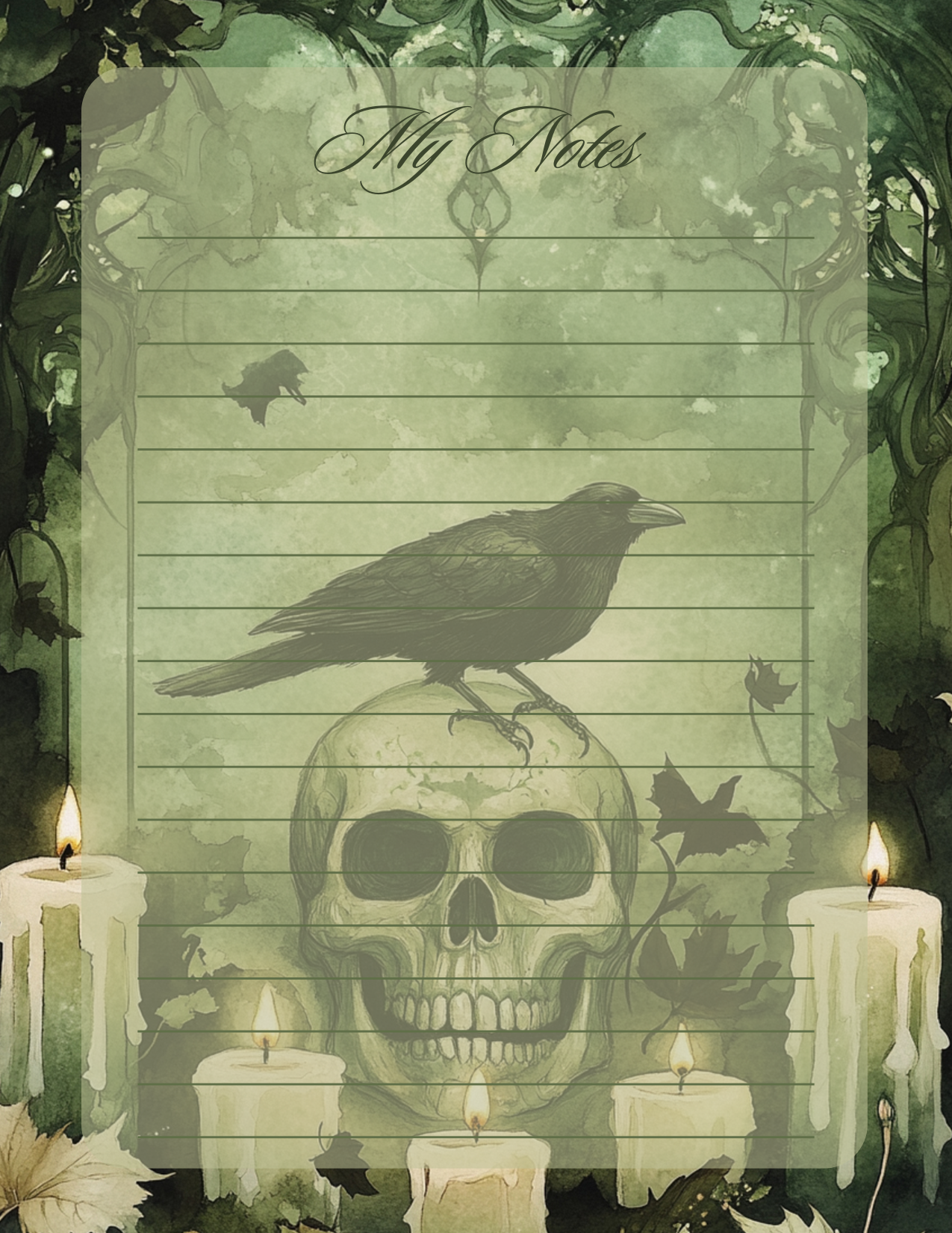 Notepad with a skull, candles, and a crow on a green background