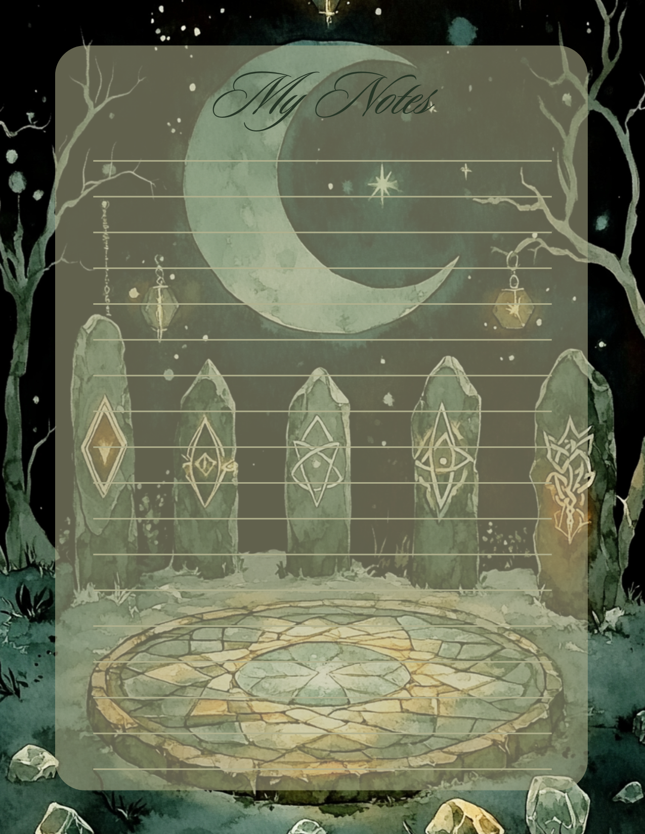 Notepad  with stone circles, moon, and star design on a dark background