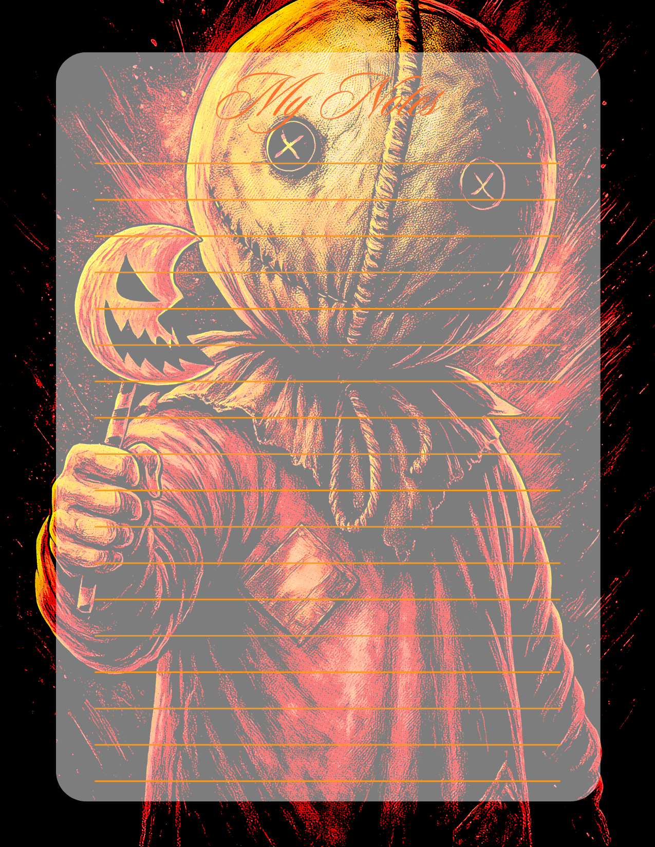 Halloween-themed notepad with a ghostly figure and pumpkin design on a dark background