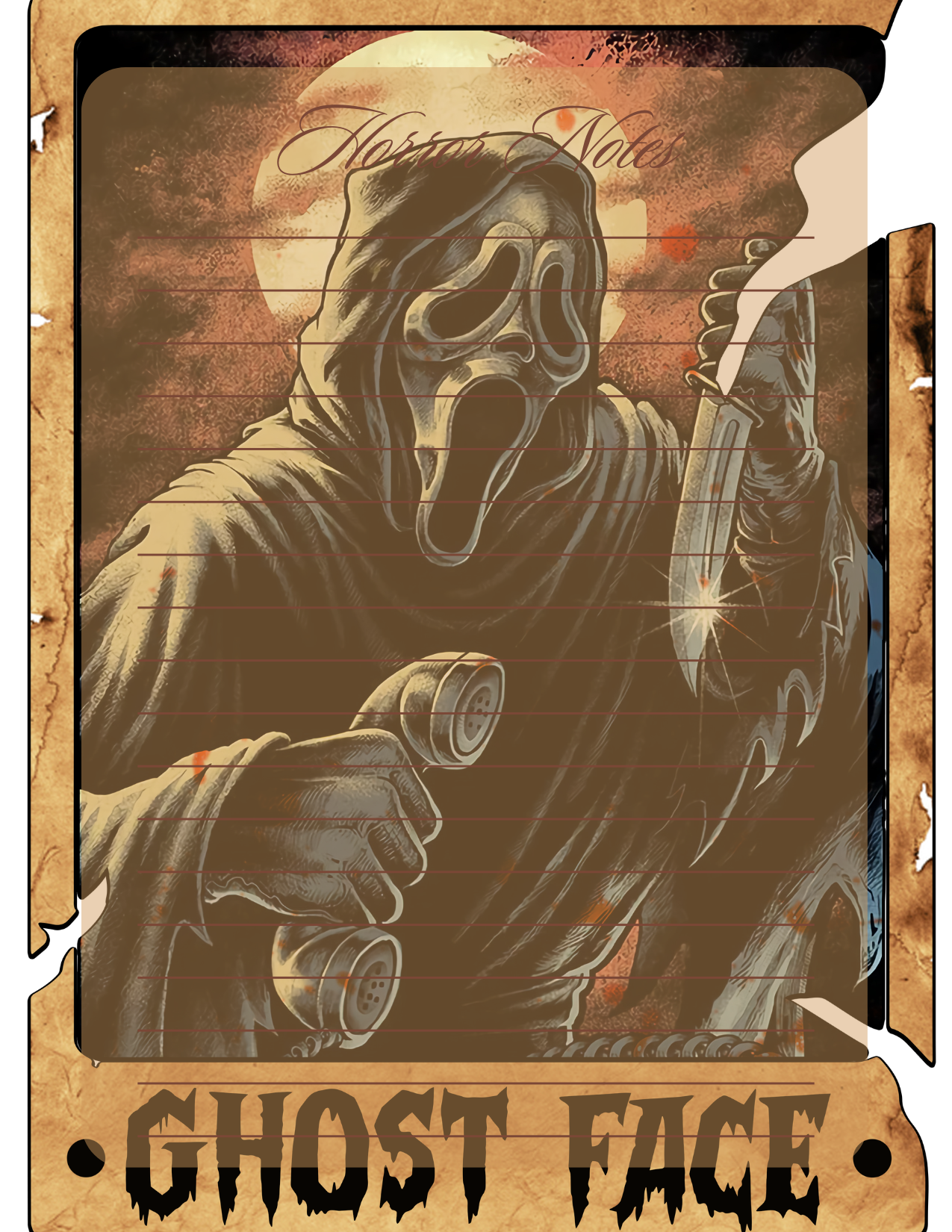Illustration of a hooded figure with a mask holding a gun and canister, labeled 'Ghost Face'.