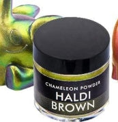 Jar of Haldi Brown powder with a colorful background