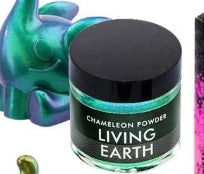 Living Earth chameleon powder container with colorful background