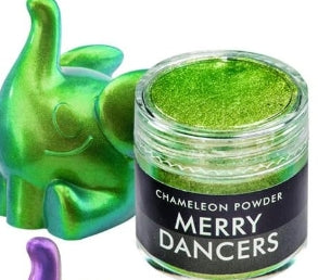 Green chameleon powder in a jar with a small green dinosaur figurine on a white background