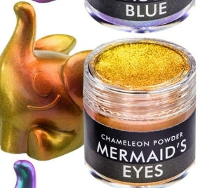 Jar of 'Mermaid's Eyes' chameleon powder with a colorful elephant figurine in the background.