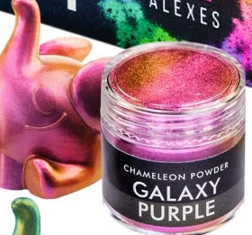 Colorful chameleon powder in a container with 'ALEXES' branding, labeled 'Galaxy Purple'.