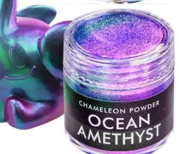Chameleon powder in a container labeled 'Ocean Amethyst' with a colorful background.