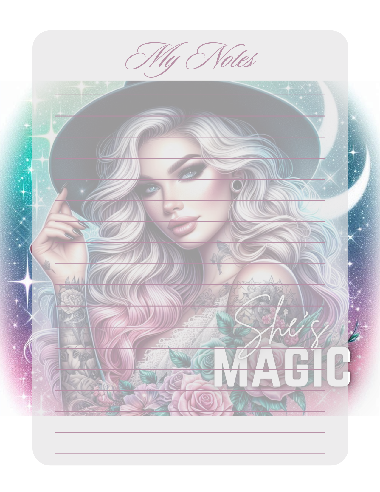 Notebook cover with a stylized illustration of a woman with long hair and a hat, featuring the text 'My Notes' and 'She's Magic'.