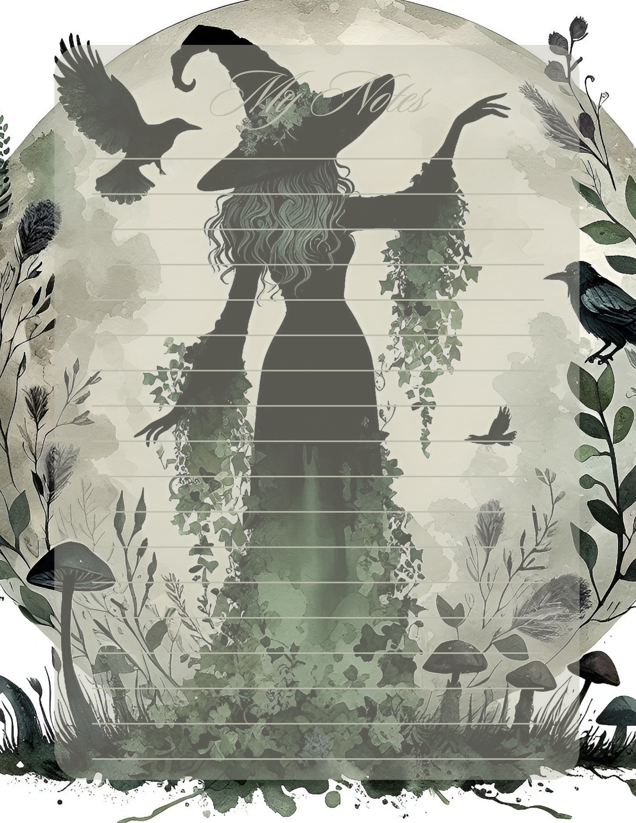 Silhouette of a witch with birds and plants on a circular background