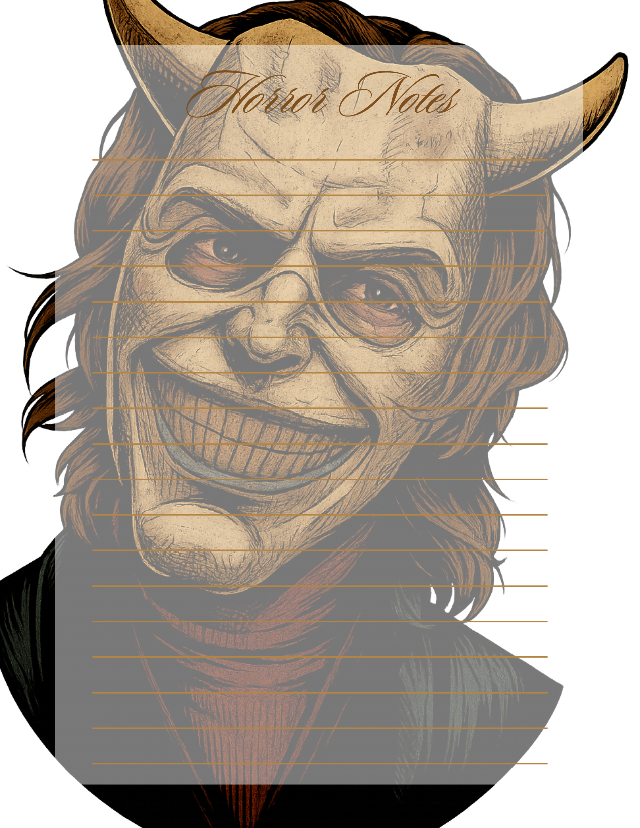 Illustration of a character with horns and a suit, overlaid on a notepad titled 'Horror Notes'.
