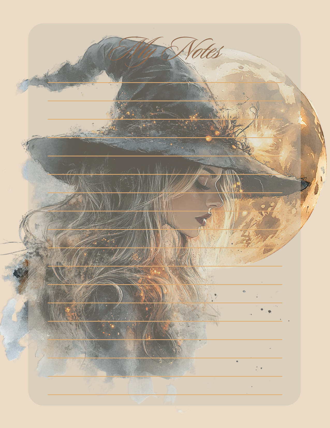 Artistic depiction of a witch with a hat and long hair on a beige background with musical notes.