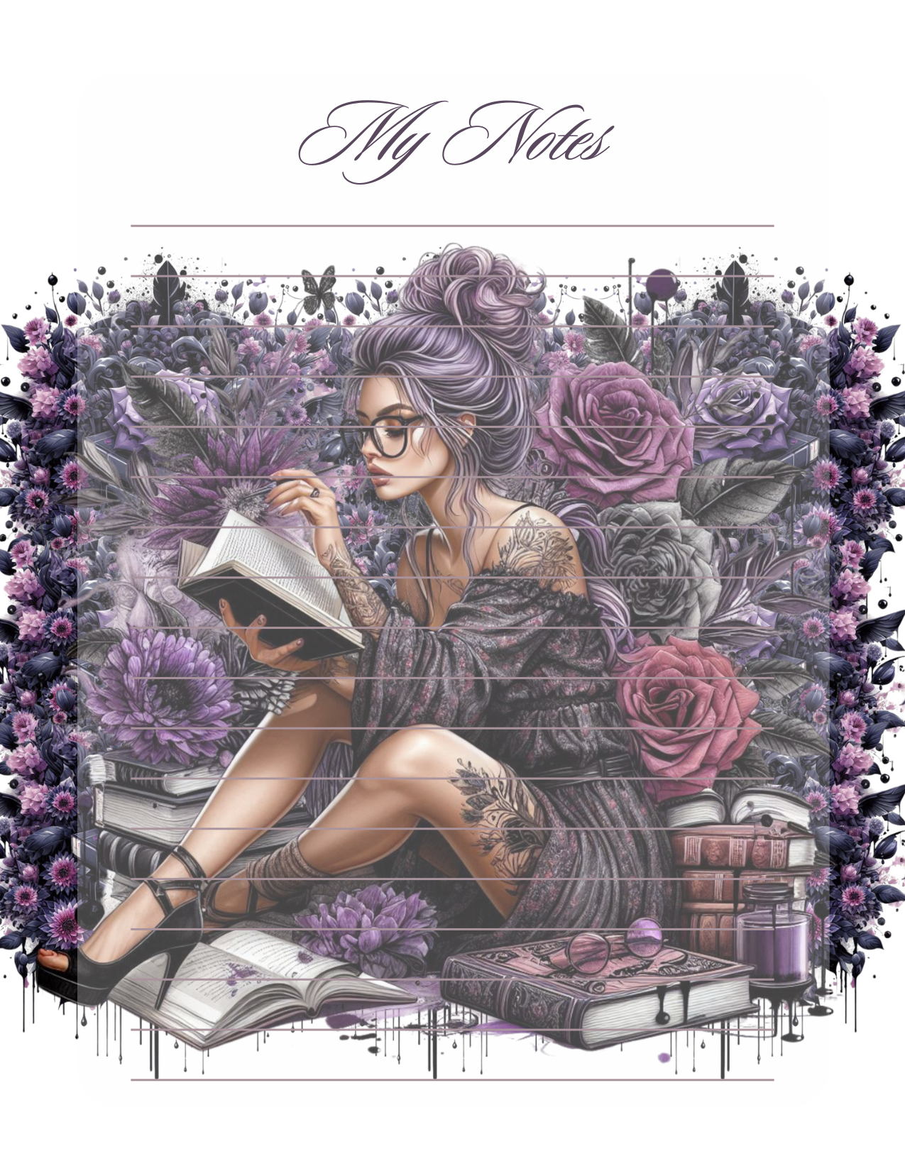  stylized illustration of a woman reading a book, surrounded by flowers and books.