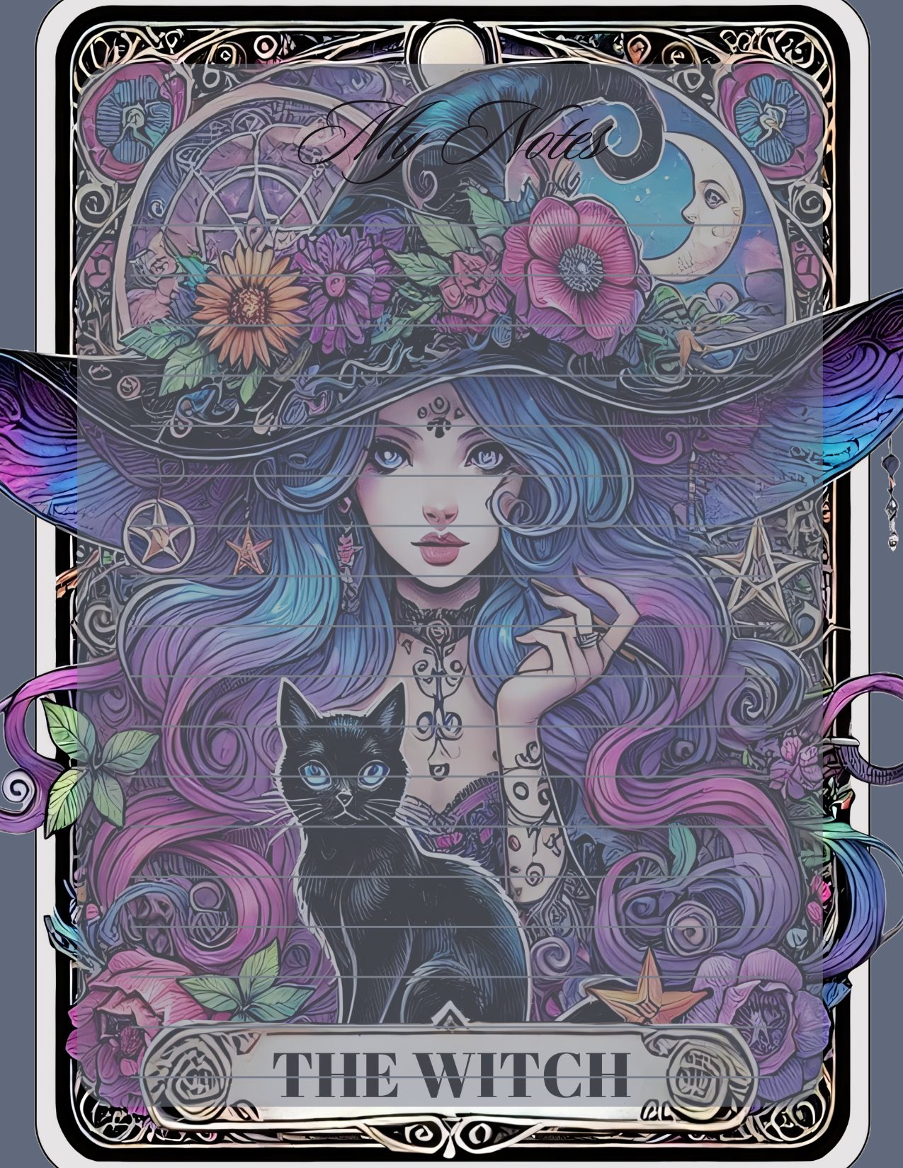 Notepad featuring a stylized witch with a black cat, surrounded by floral and astrological symbols.