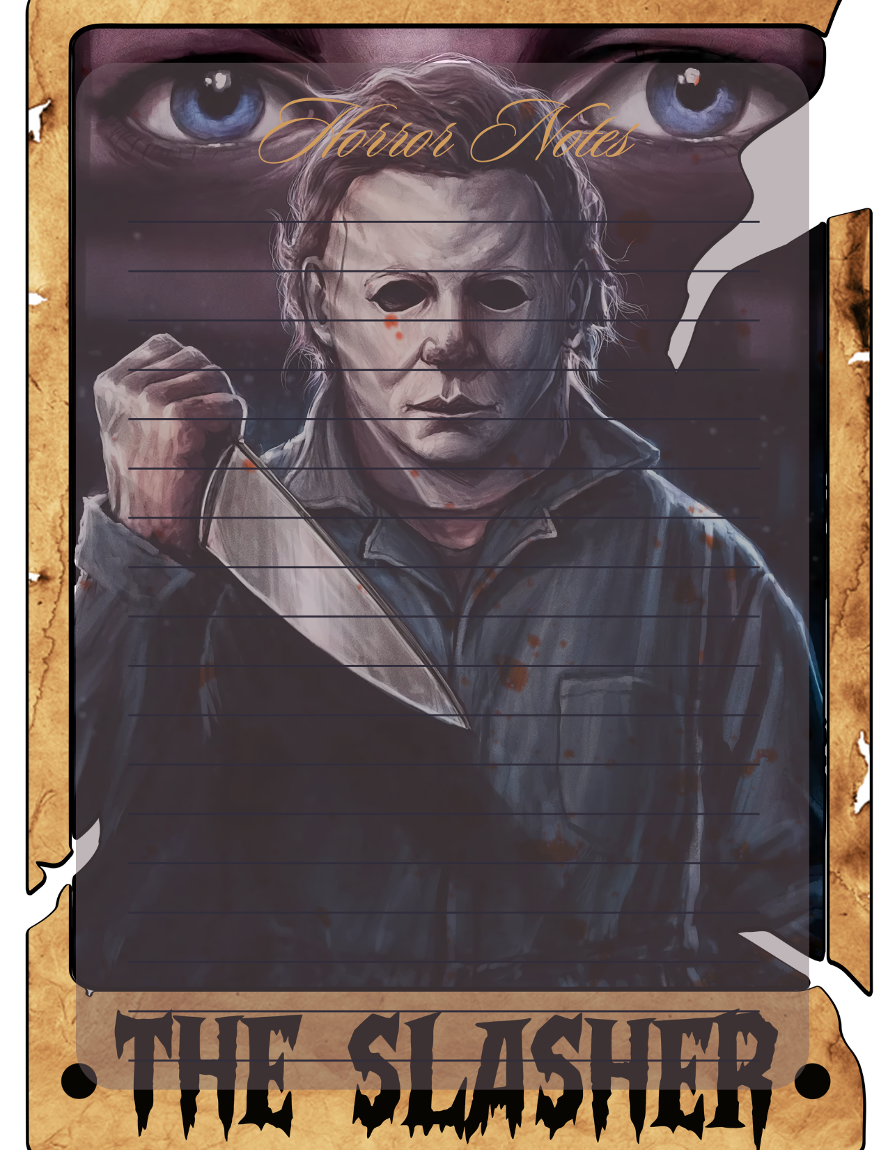 Notepad with a character holding a knife, styled like a horror movie poster.