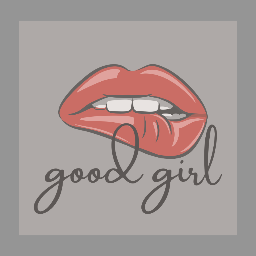 Lips with 'good girl' text on a gray background