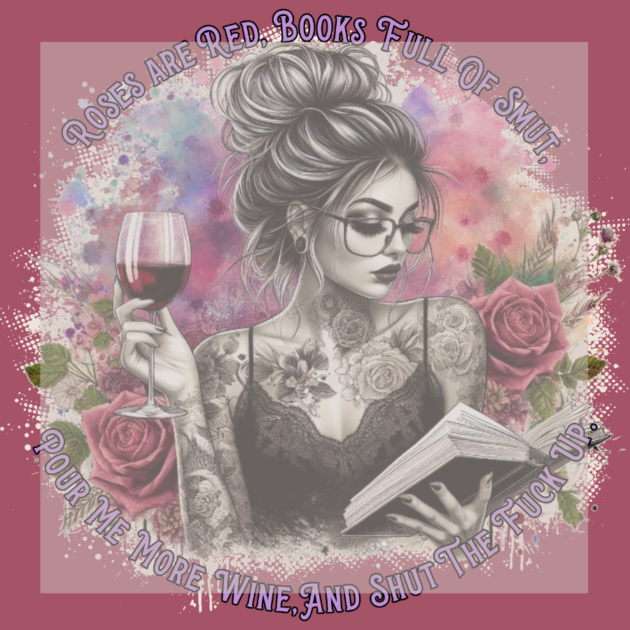 Illustration of a woman with tattoos holding a book and glass of wine, surrounded by roses on a pink background.