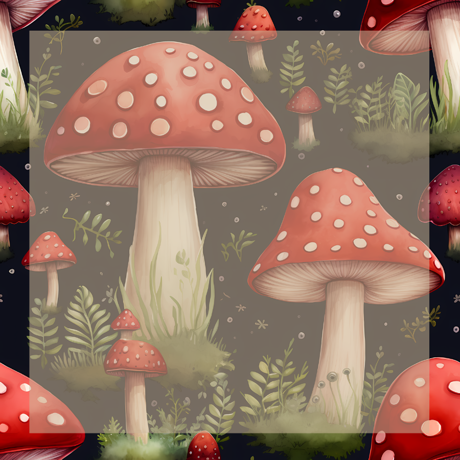 Illustration of red mushrooms with white spots on a dark background