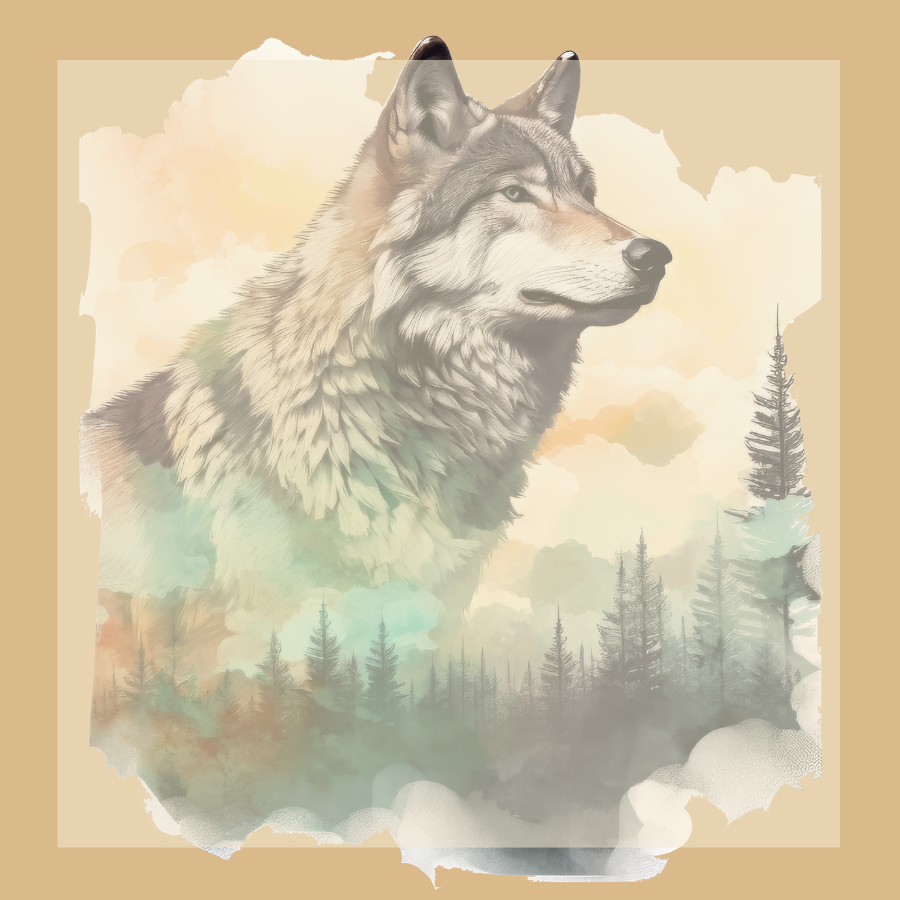 Wolf with forest and sunset in the background on a beige border