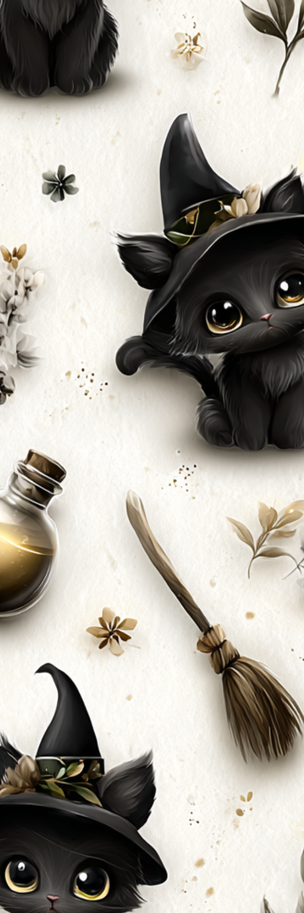 Black cat figurines wearing witch hats with decorative elements on a light background