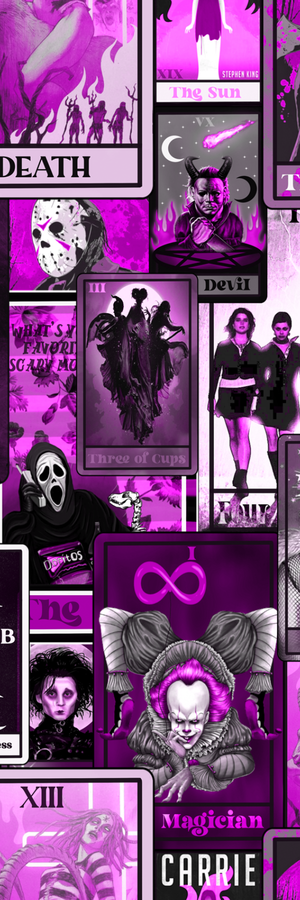 Collage of horror-themed illustrations with a purple color scheme on a black background.