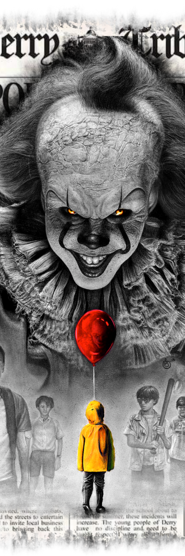 Clown with red ball and children in yellow raincoat in front, inspired by 'It' book cover.
