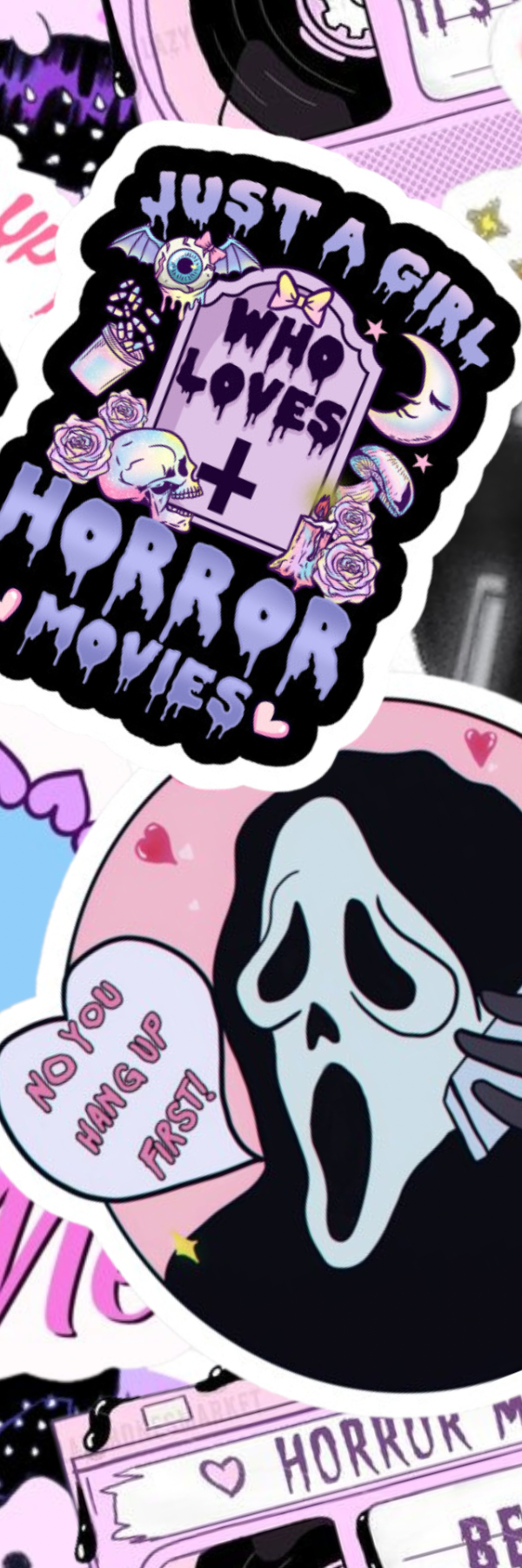 Sticker pack with horror movie-themed designs on a pink background