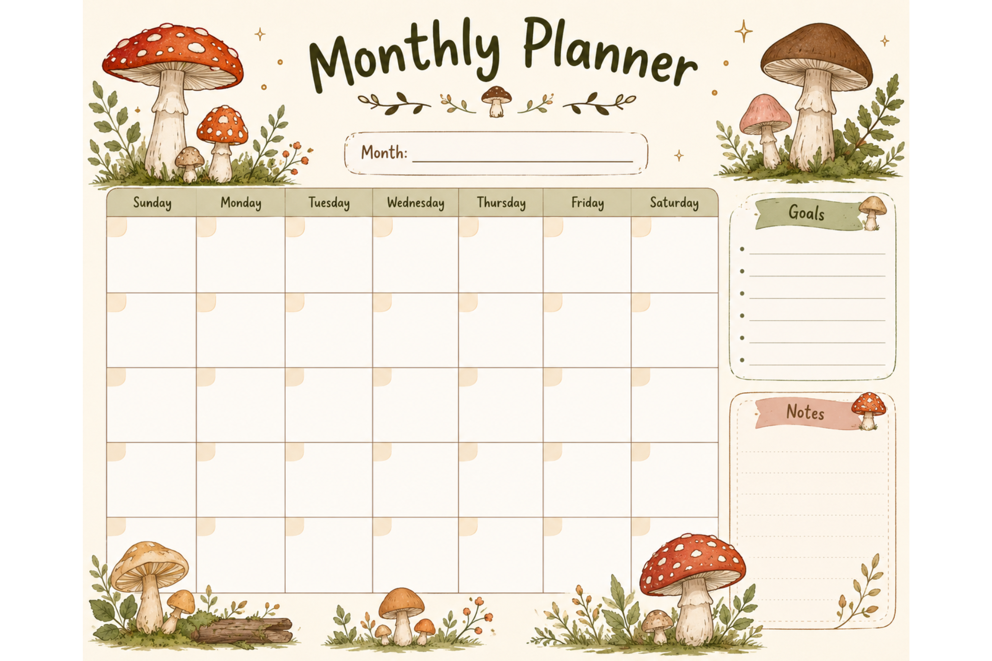 Mushrooms Monthly Planner