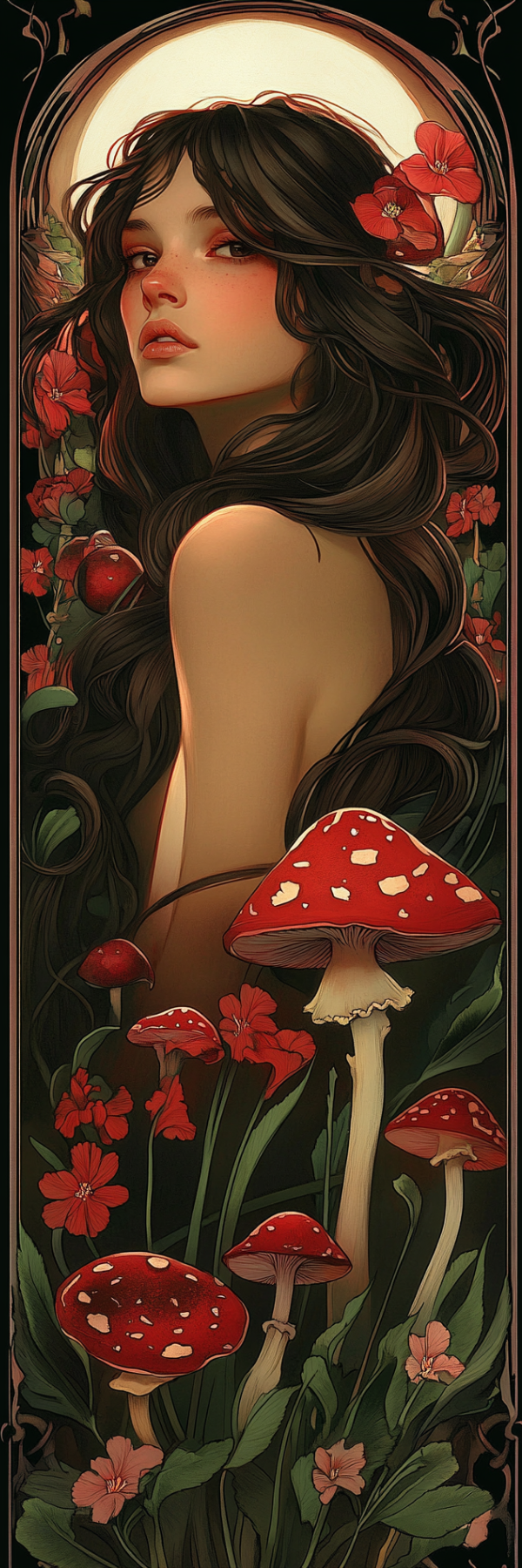 Artistic illustration of a woman with long hair surrounded by red mushrooms and flowers.