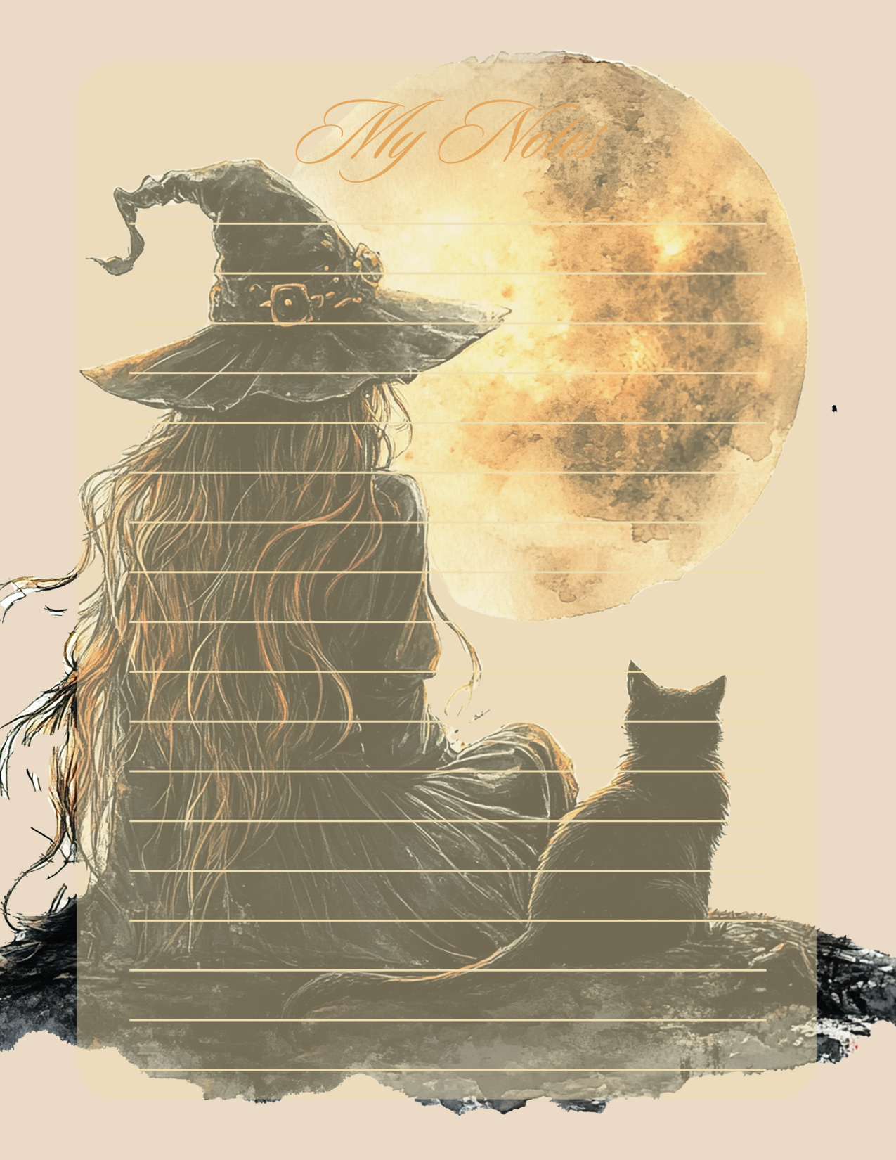 Silhouette of a witch with a cat against a moonlit sky, with 'My Nook' branding.
