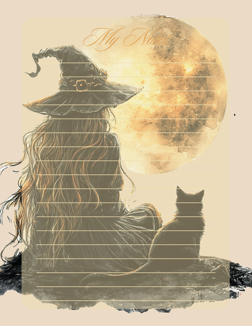 Silhouette of a witch with a cat against a moonlit sky, with 'My Nook' branding.