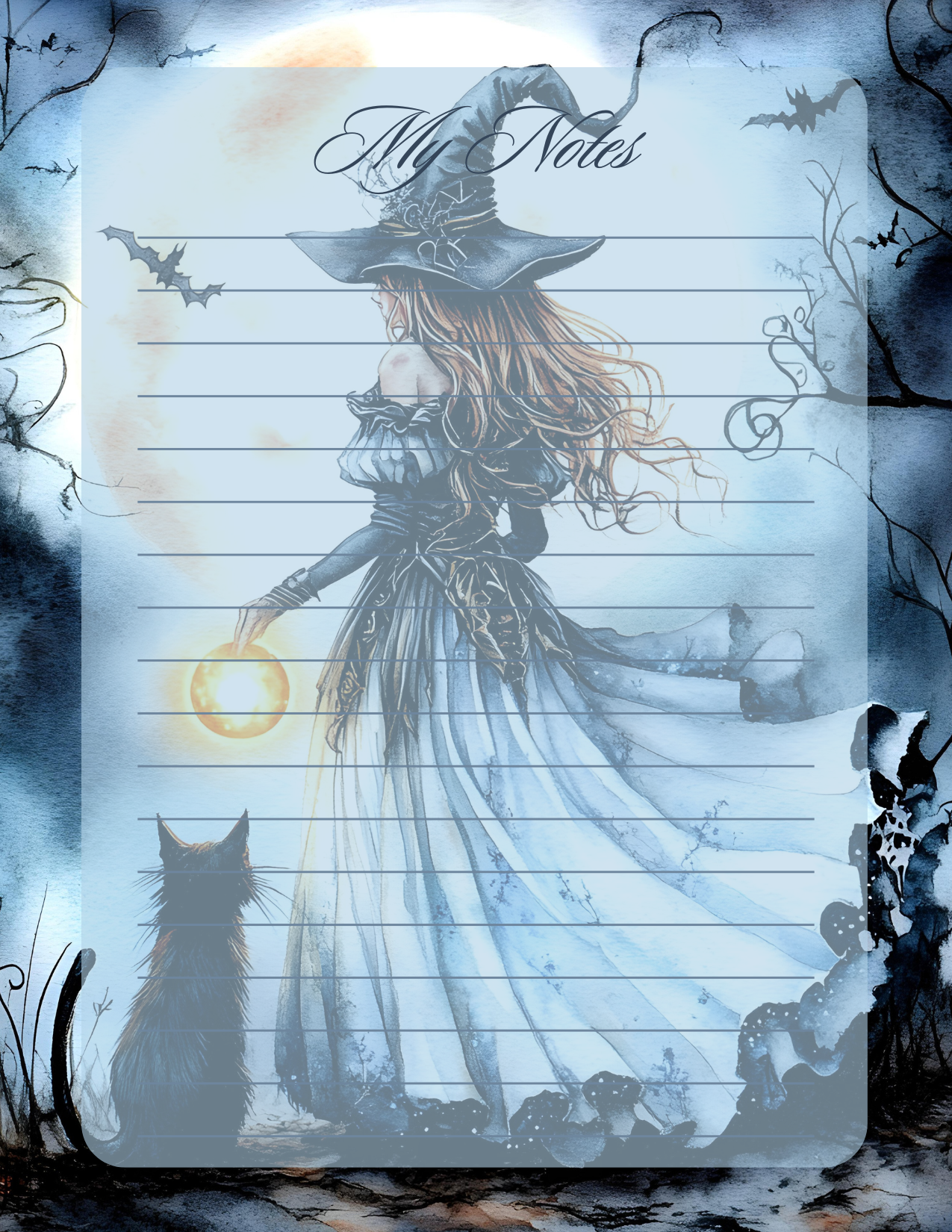 Notepad with a witch and cat design on a blue background